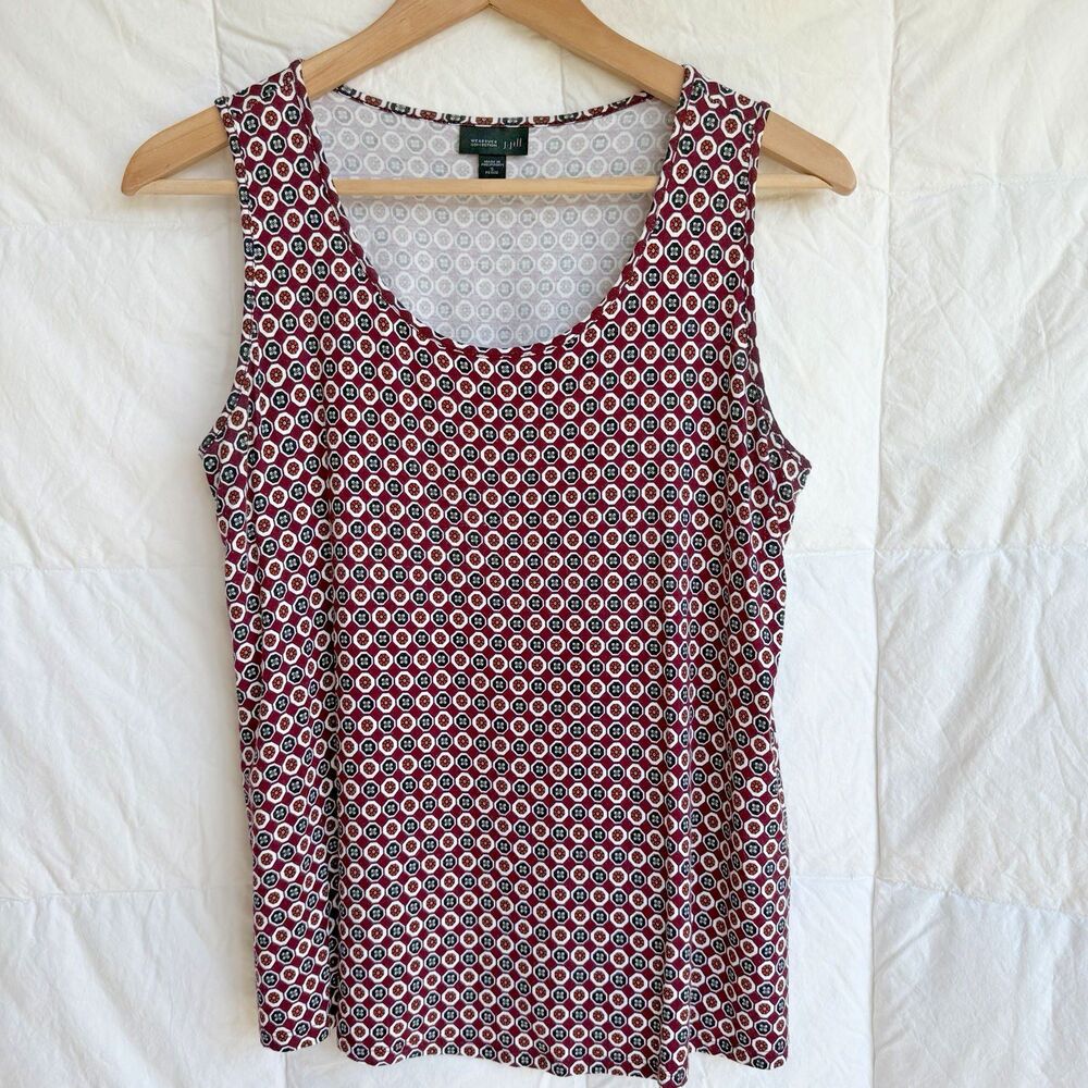 J. Jill Sleeveless Knit Tank Top Shirt Red/Cream/Black Geometric Print Sz. PS